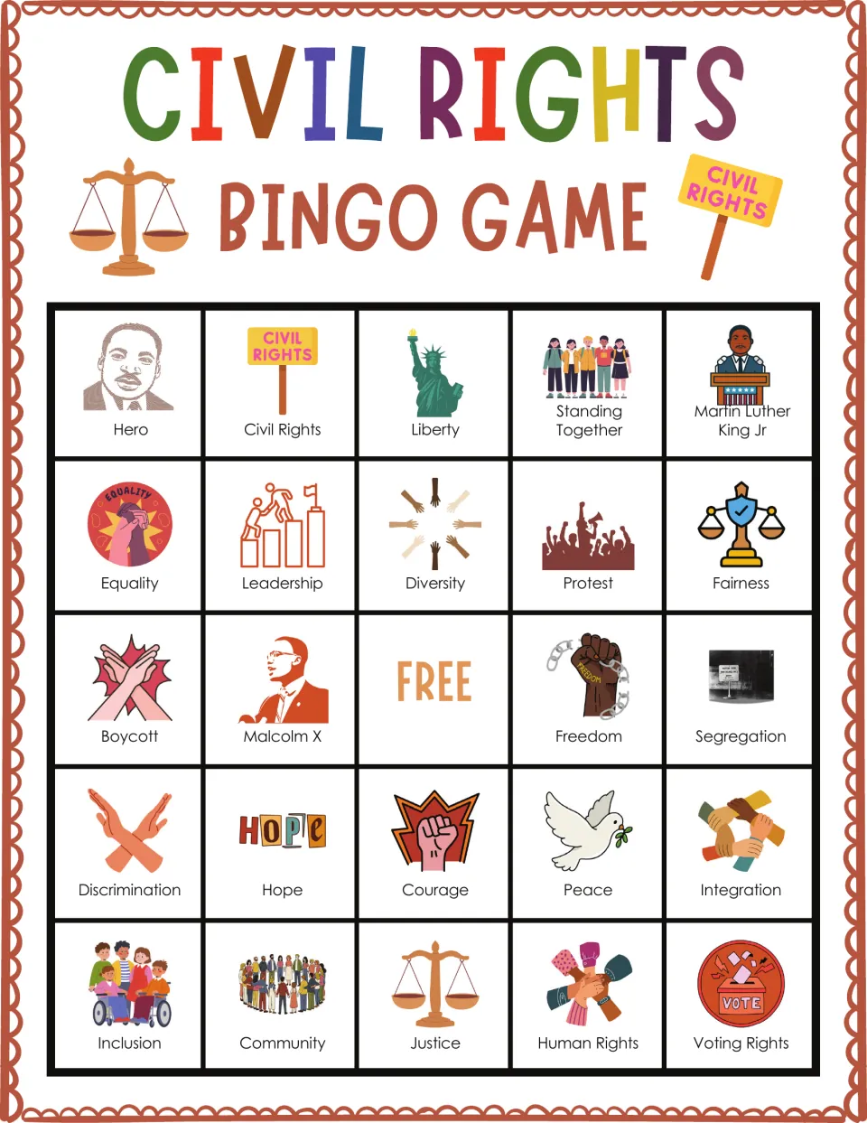 Civil rights bingo board 7: Hero, Civil Rights, Liberty, Standing Together and a free center space