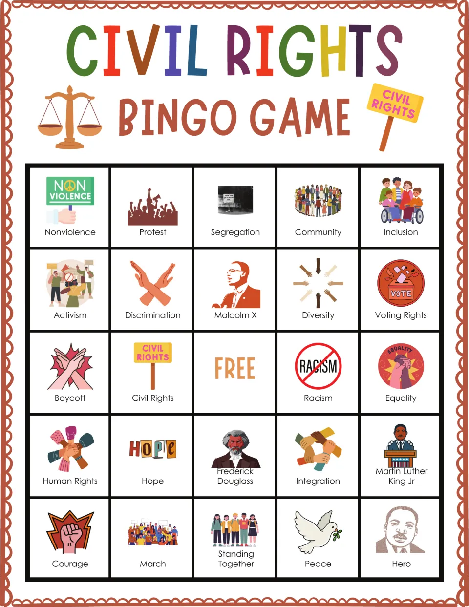Civil rights bingo board 8: Nonviolence, Protest, Segregation, Community, Inclusion and a free center space