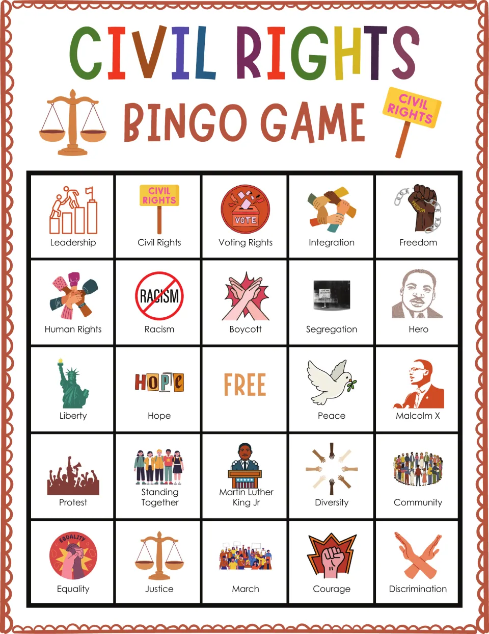 Civil rights bingo board 9: Leadership, Voting Rights, Integration, Freedom and a free center space
