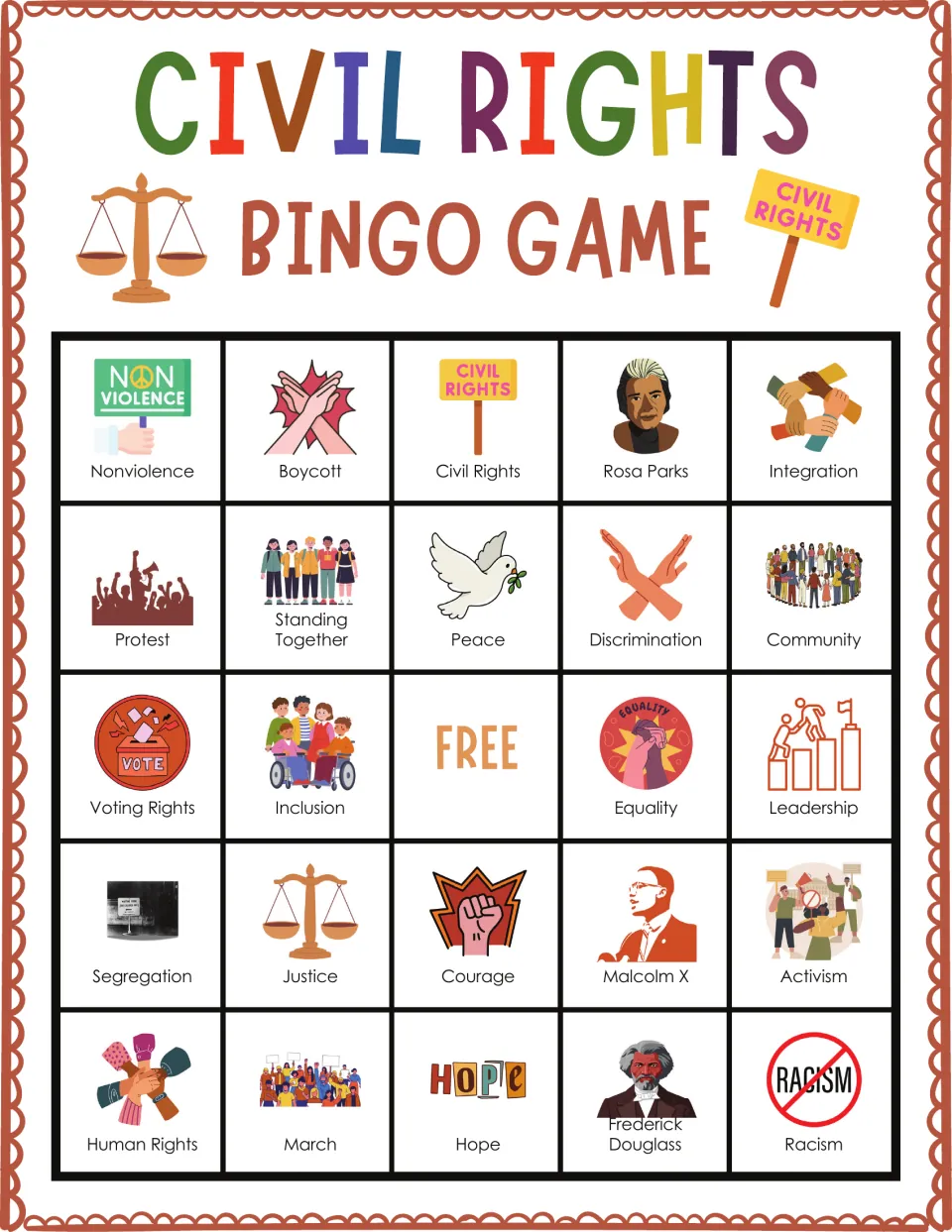 Civil rights bingo board 10: Nonviolence, Boycott, Rosa Parks, Discrimination and a free center space
