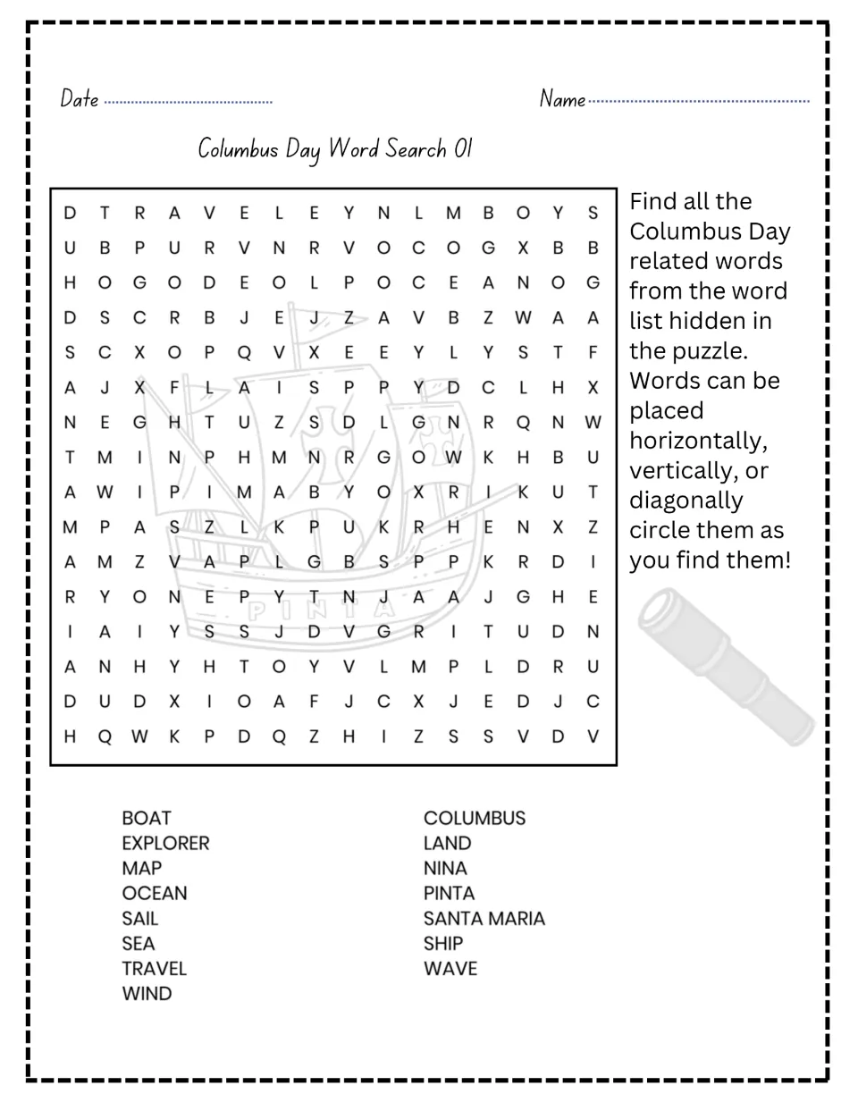 Columbus Day Word Search 01: students circle 15 hidden words such as Columbus, Nina, Pinta, Santa Maria and explorer