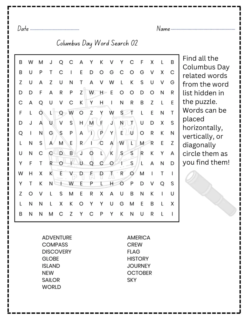 Columbus Day Word Search 02: students find 15 words like adventure, compass, discovery, globe, sailor, journey and October