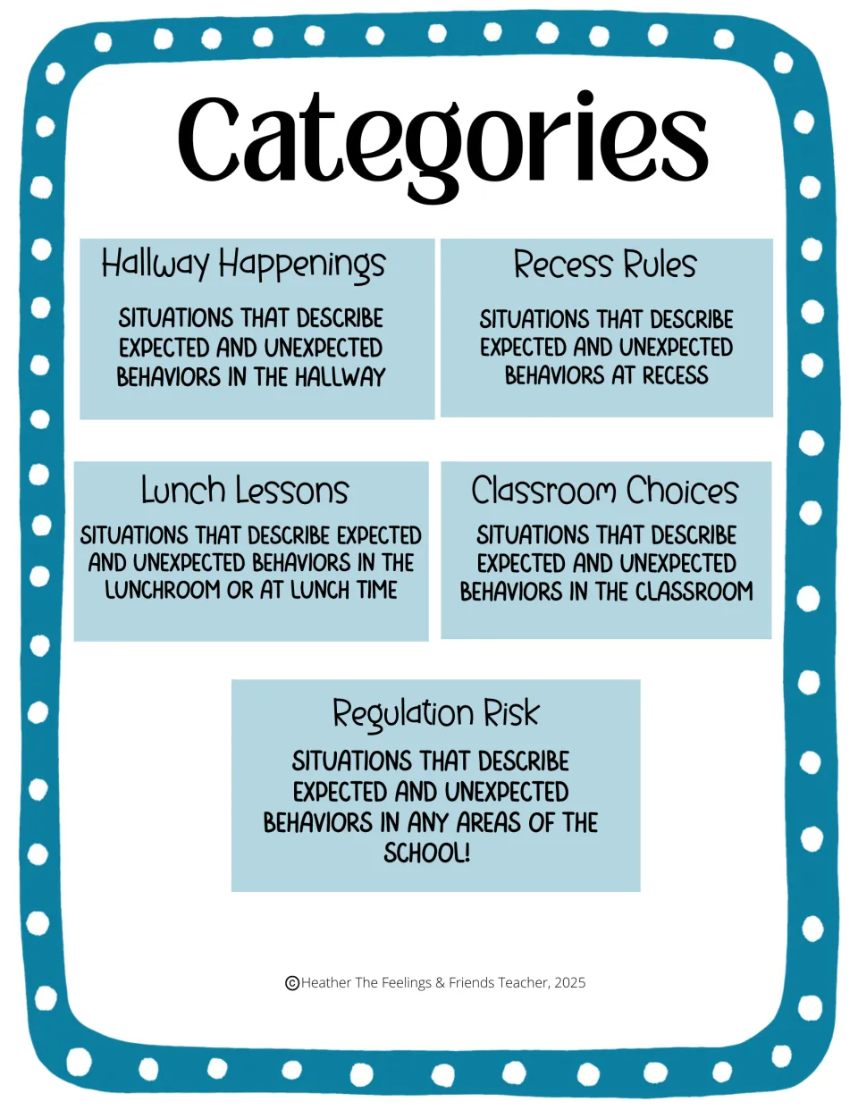 Game categories: Hallway Happenings, Recess Rules, Lunch Lessons, Classroom Choices and Regulation Risk