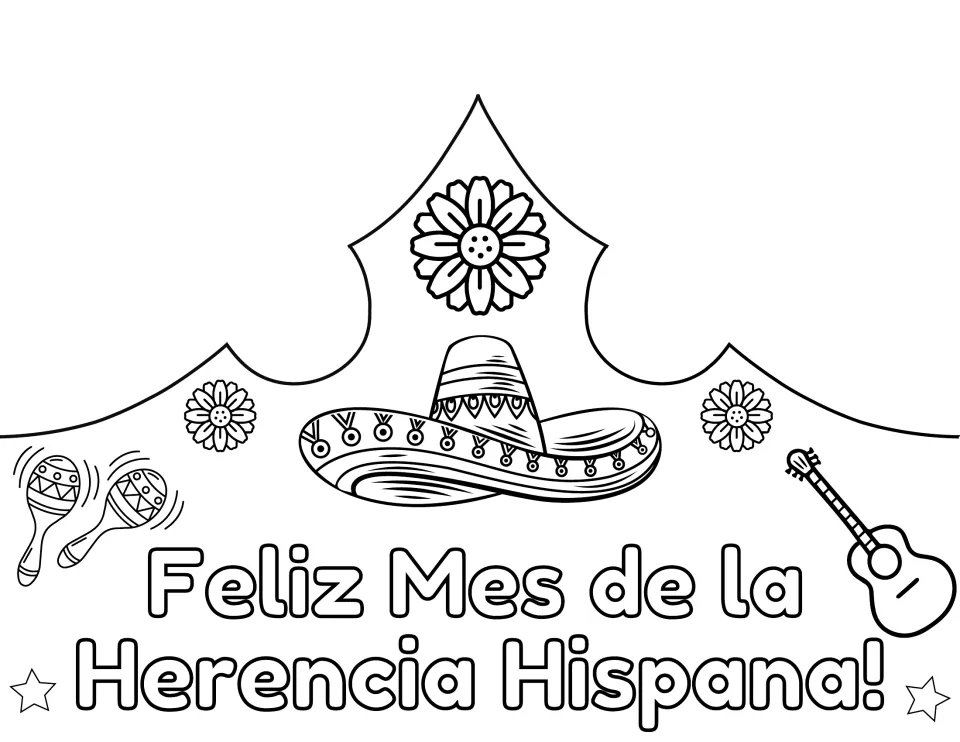 Spanish crown front reading “Feliz Mes de la Herencia Hispana!” with a sombrero, flowers, and instruments