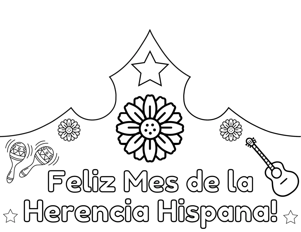 Spanish crown front reading “Feliz Mes de la Herencia Hispana!” with a large flower, maracas, and guitar