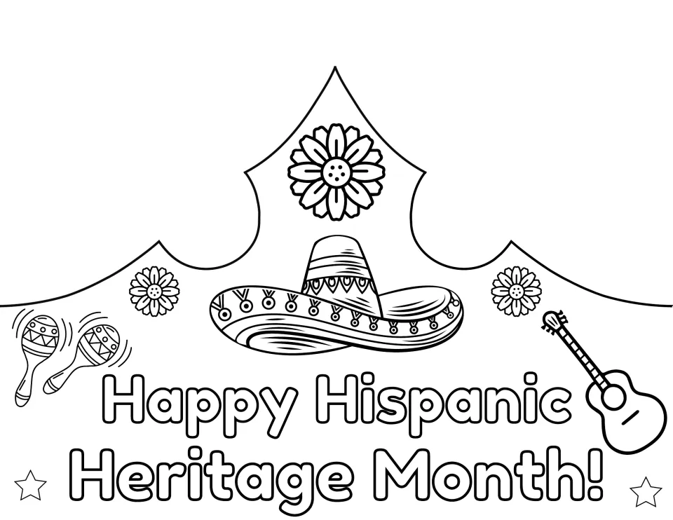English crown front reading “Happy Hispanic Heritage Month!” with a sombrero, flowers, maracas, and guitar