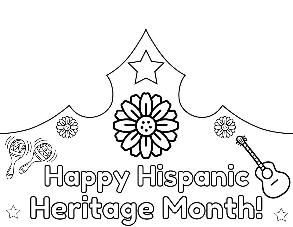 English crown front reading “Happy Hispanic Heritage Month!” with a large flower, maracas, and guitar