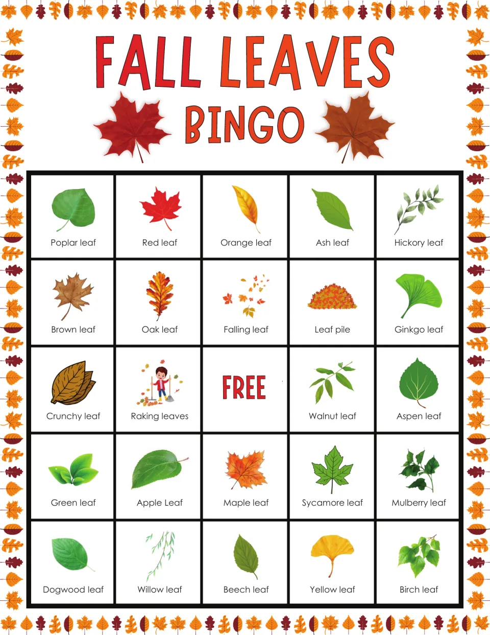 Leaf bingo card for identifying tree and color leaves, opening with poplar, red, orange, ash and hickory in row one