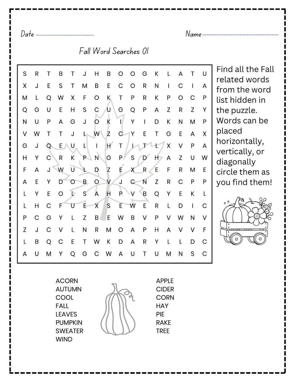 Fall Word Searches 01: students find and circle 15 words like acorn, cider, pumpkin and rake across, down or diagonally