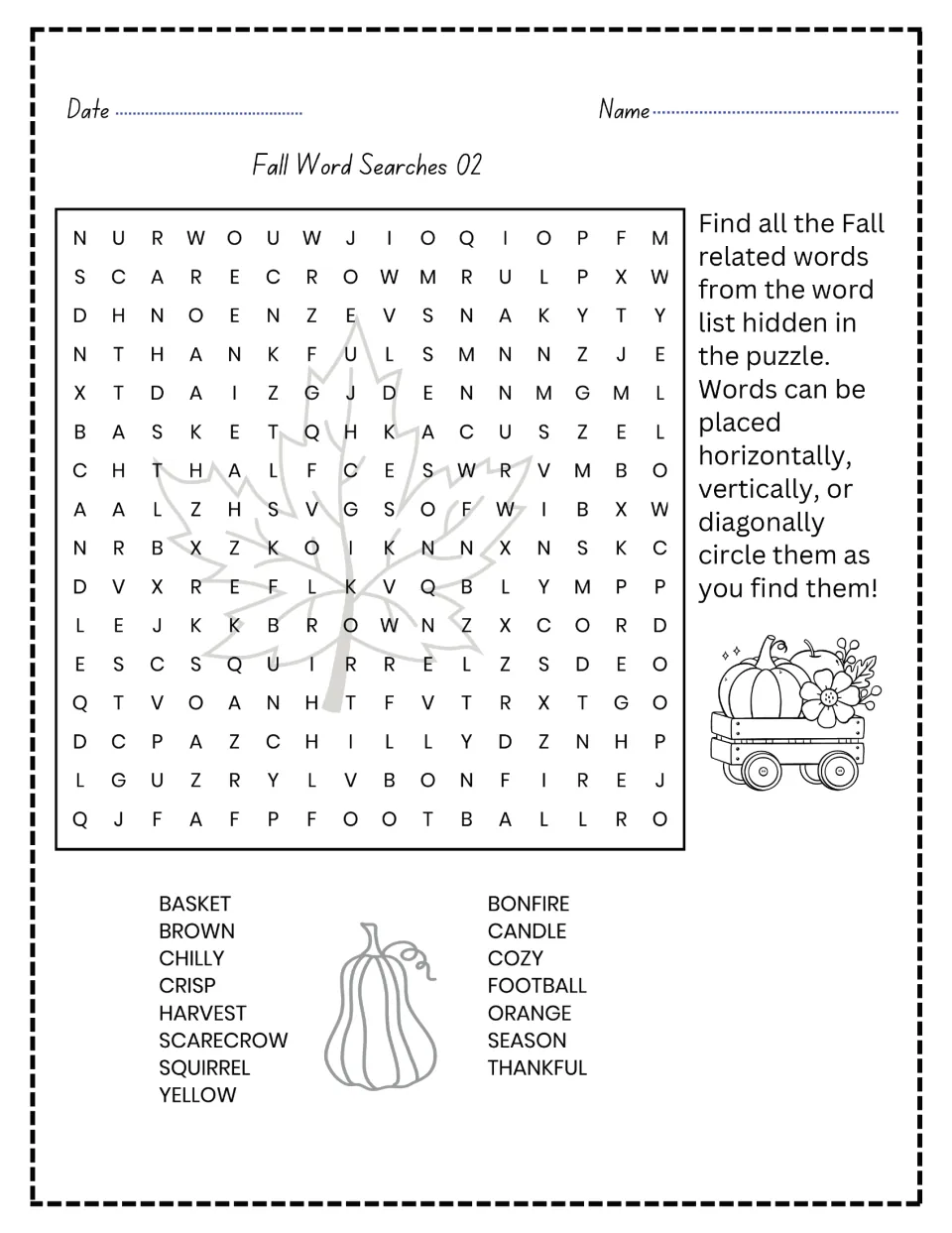 Fall Word Searches 02: students hunt for 15 words such as scarecrow, harvest, bonfire and squirrel in a letter puzzle