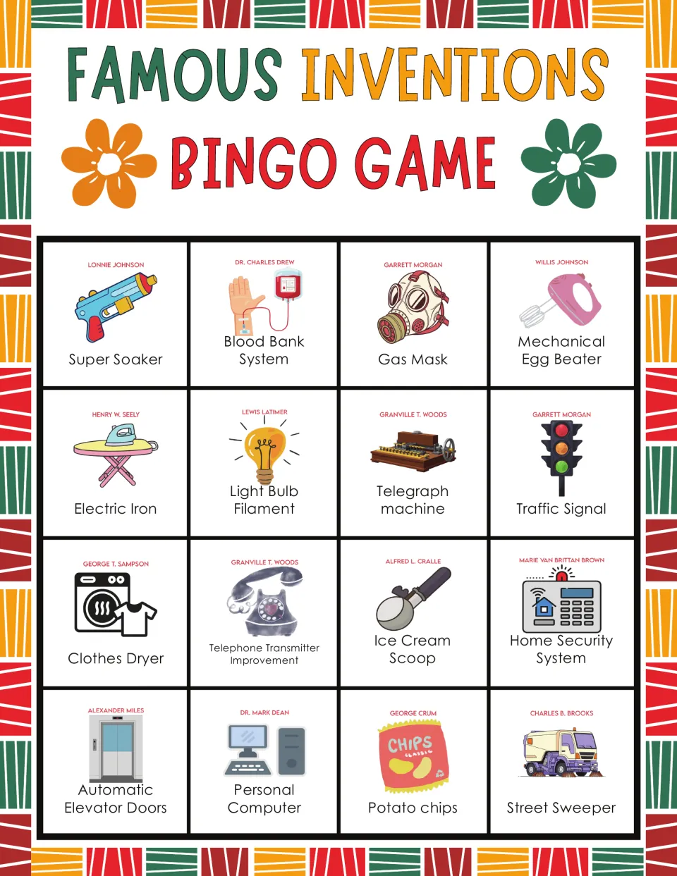 Inventions bingo board 1: Super Soaker, Blood Bank System, Gas Mask, and 13 more items with inventor names.