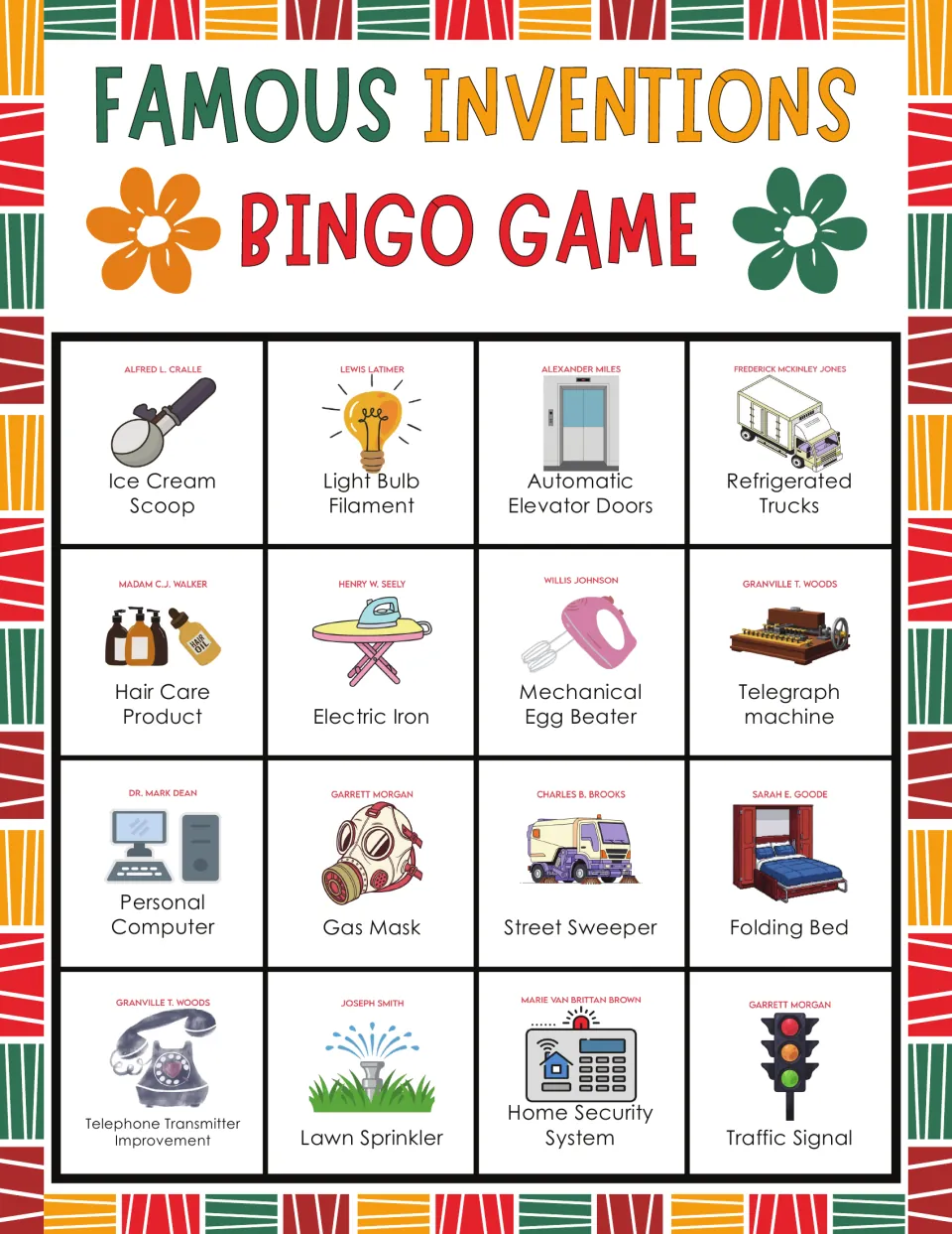 Inventions bingo board 2: Ice Cream Scoop, Light Bulb Filament, and 14 more items with inventor names.