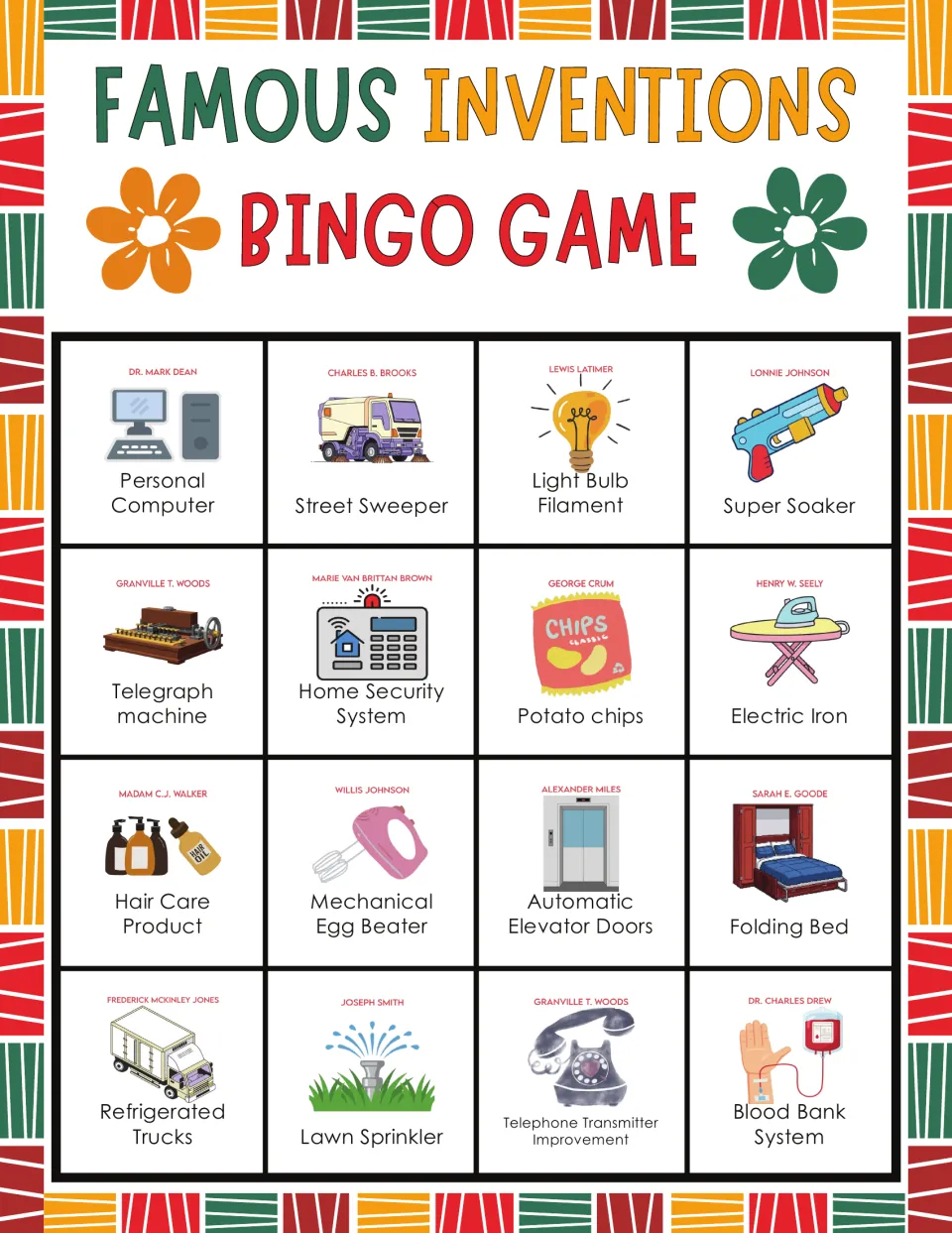Inventions bingo board 3: Personal Computer, Street Sweeper, and 14 more items with inventor names.