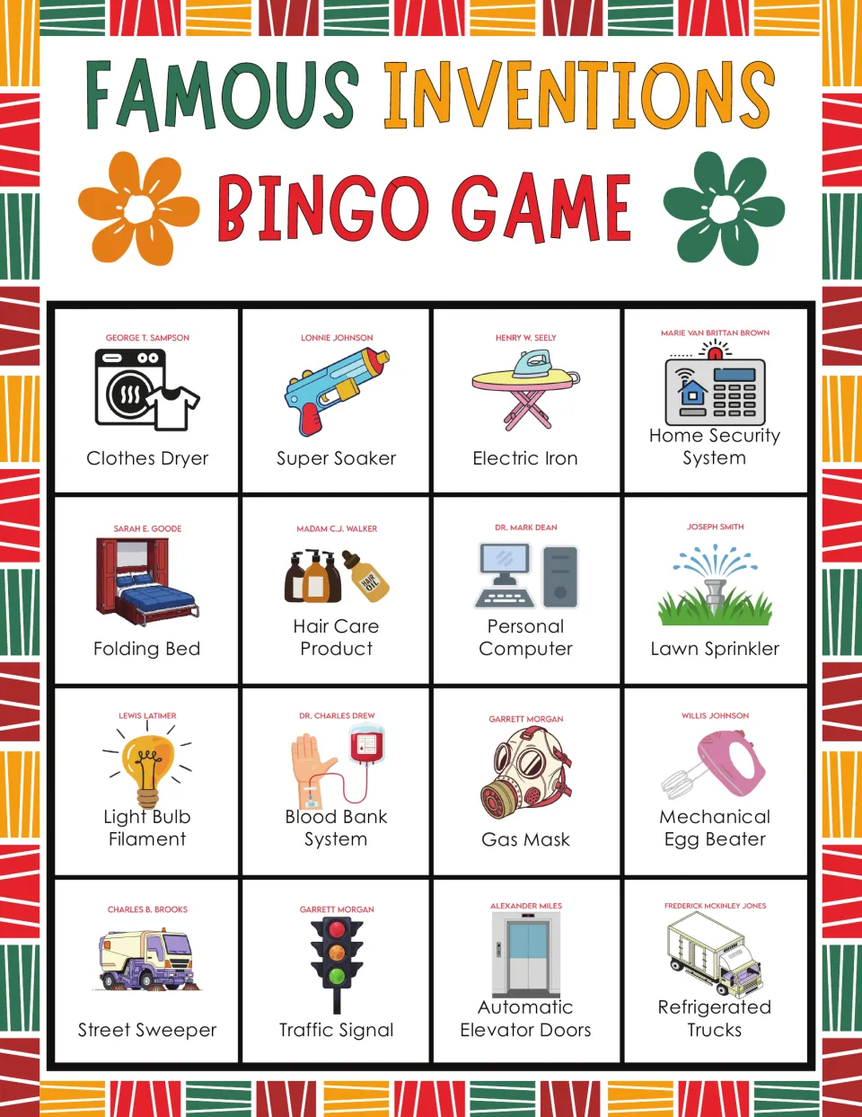 Inventions bingo board 4: Clothes Dryer, Super Soaker, Electric Iron, and 13 more items with inventor names.