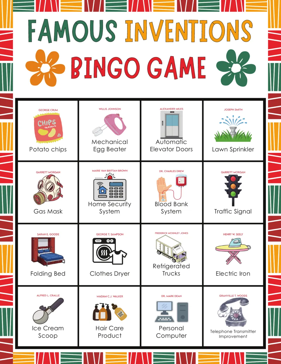Inventions bingo board 5: Potato chips, Mechanical Egg Beater, and 14 more items with inventor names.