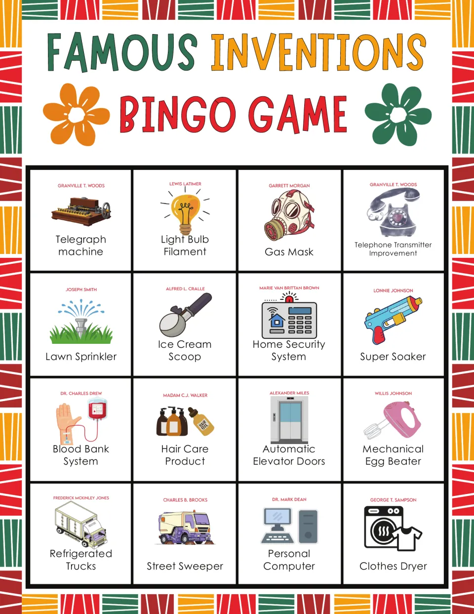 Inventions bingo board 6: Telegraph machine, Light Bulb Filament, and 14 more items with inventor names.