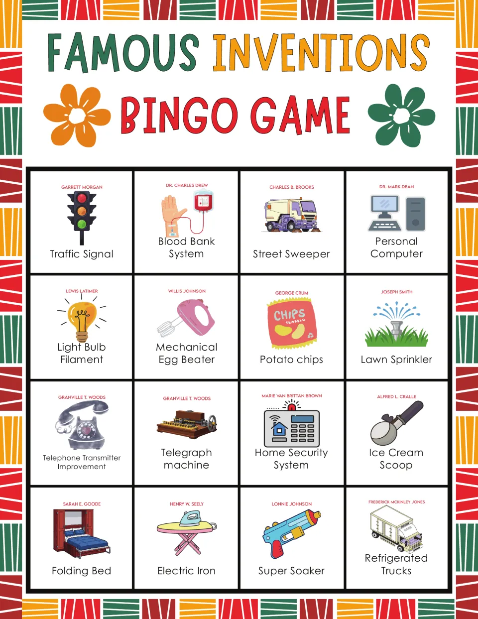 Inventions bingo board 7: Traffic Signal, Blood Bank System, and 14 more items with inventor names.