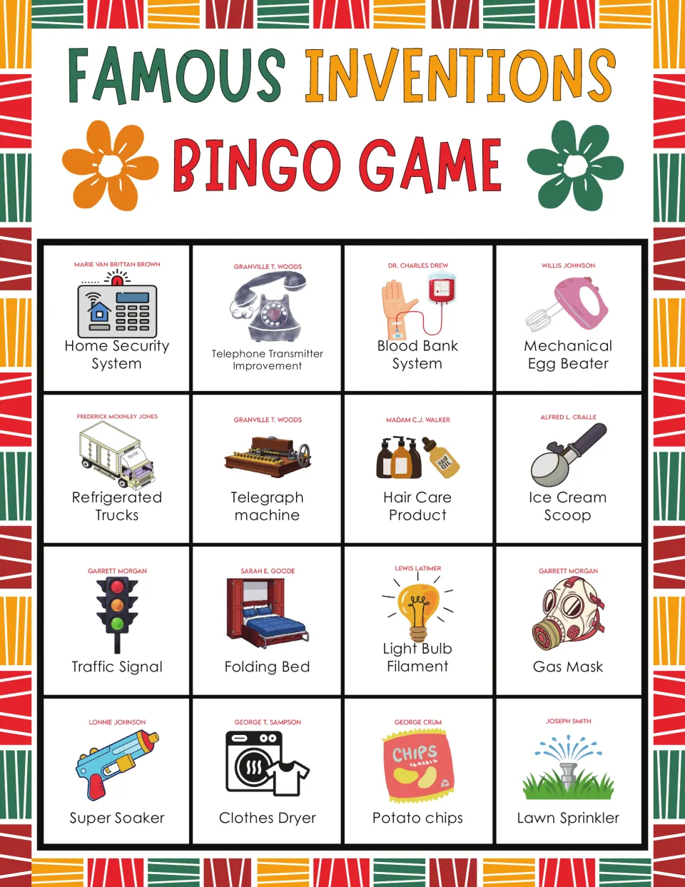 Inventions bingo board 8: Home Security System, Refrigerated Trucks, and 14 more items with inventor names.