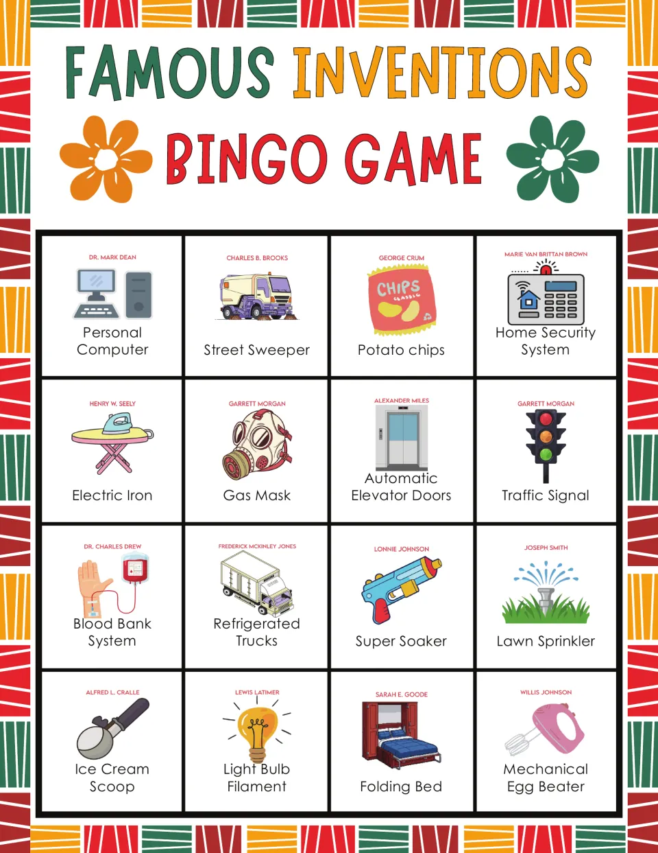 Inventions bingo board 9: Personal Computer, Potato chips, Folding Bed, and 13 more with inventor names.