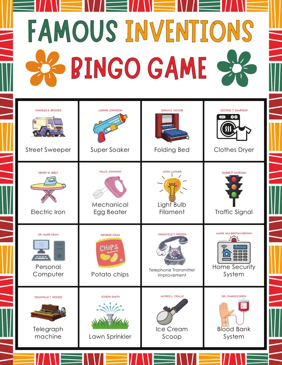 Inventions bingo board 10: Street Sweeper, Super Soaker, Folding Bed, and 13 more items with inventor names.