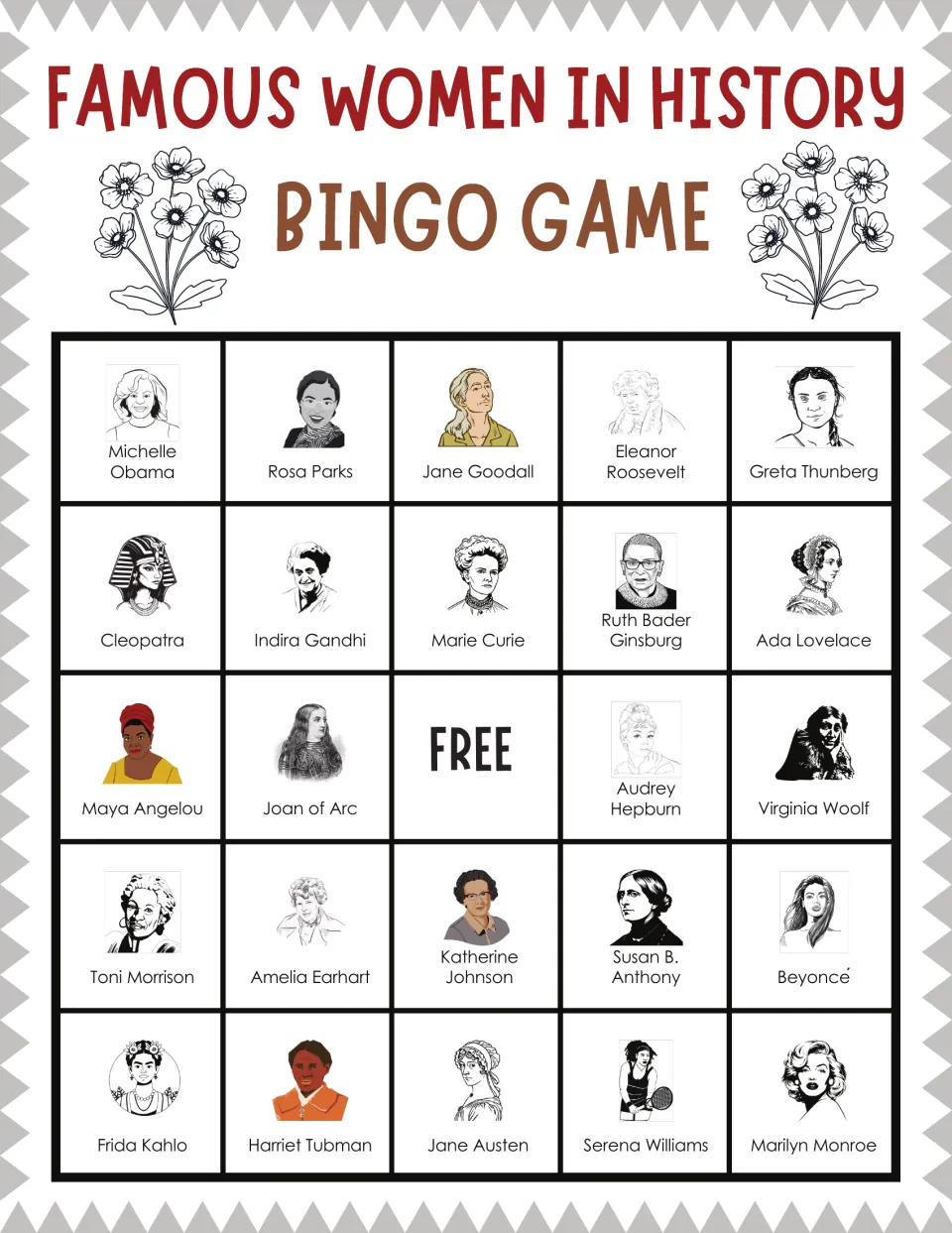 Famous Women in History bingo card: students mark called names on 24 portraits, from Michelle Obama to Marilyn Monroe
