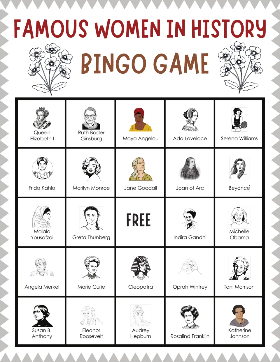 Bingo card: students mark Queen Elizabeth I, Ruth Bader Ginsburg, Maya Angelou and others among 24 portraits