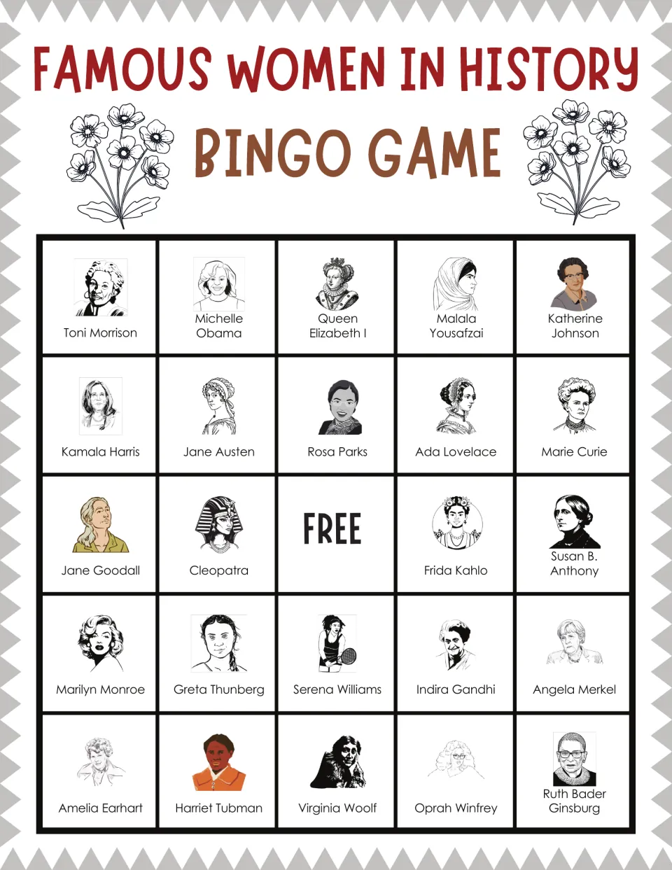 Women's history bingo card: players recognize names such as Toni Morrison, Malala Yousafzai and Katherine Johnson to win