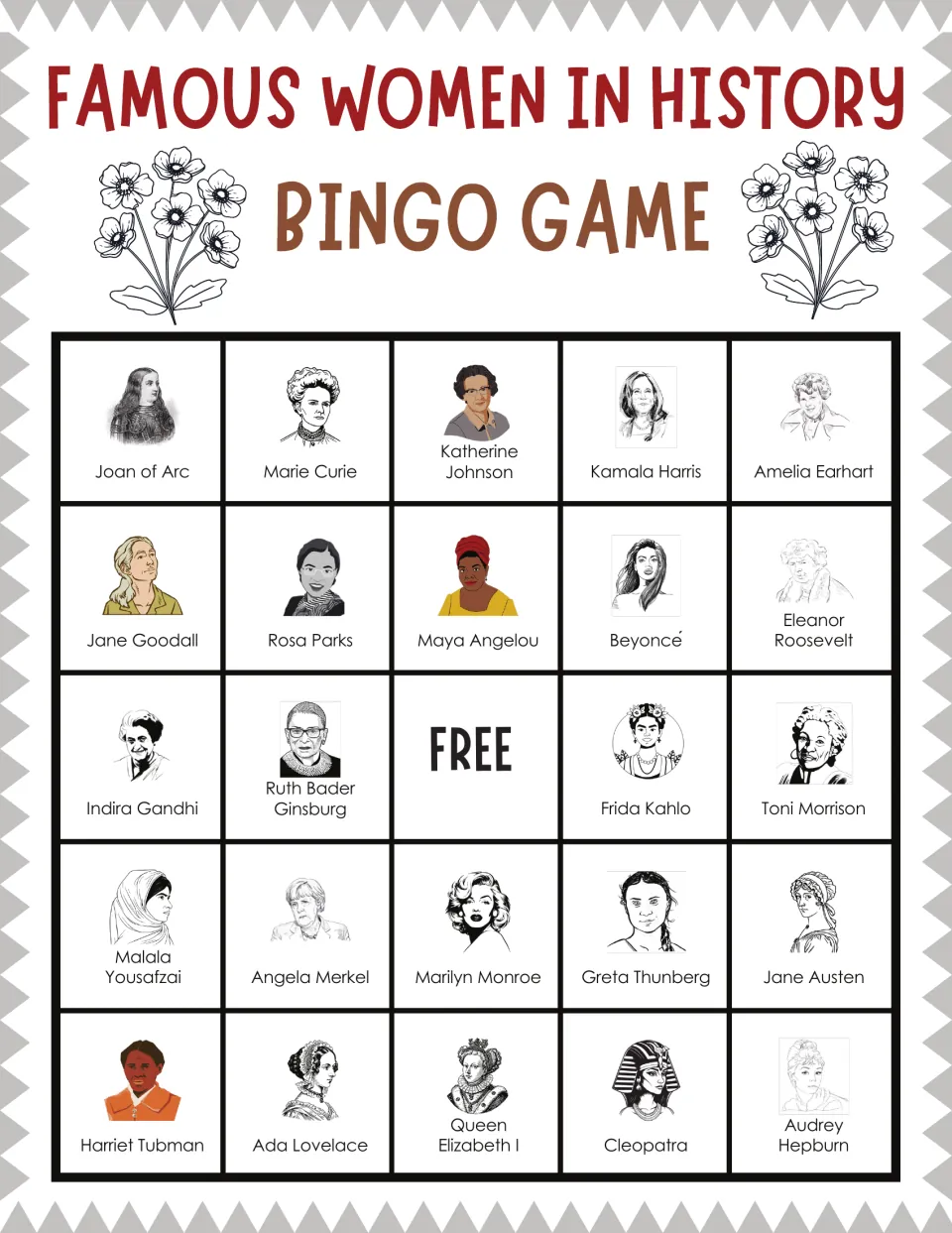 Bingo board opening with Joan of Arc, Marie Curie and Kamala Harris; students cover each woman's portrait as she is called