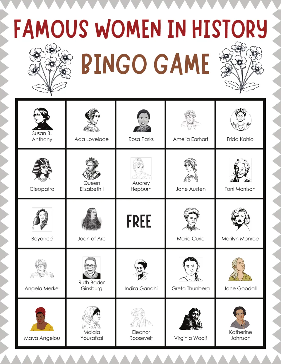 Bingo card headed by Susan B. Anthony, Ada Lovelace and Rosa Parks; learners listen for each name and mark the portrait