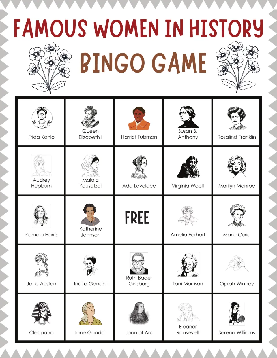 Bingo card with Frida Kahlo, Harriet Tubman and Rosalind Franklin in the first row; mark called women to complete a line