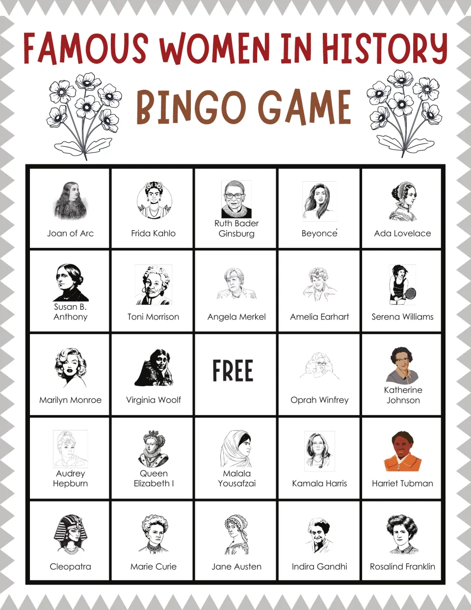 Name-recognition bingo: Joan of Arc, Frida Kahlo, Ruth Bader Ginsburg and Beyonce lead this card of portraits to mark