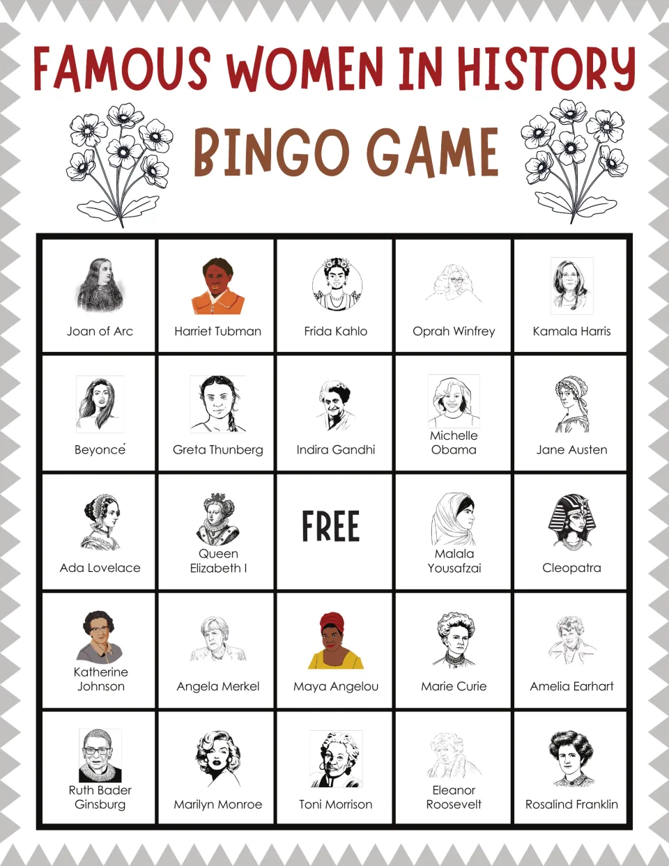 Bingo card beginning with Joan of Arc, Harriet Tubman and Oprah Winfrey; players cover each pictured woman the caller names