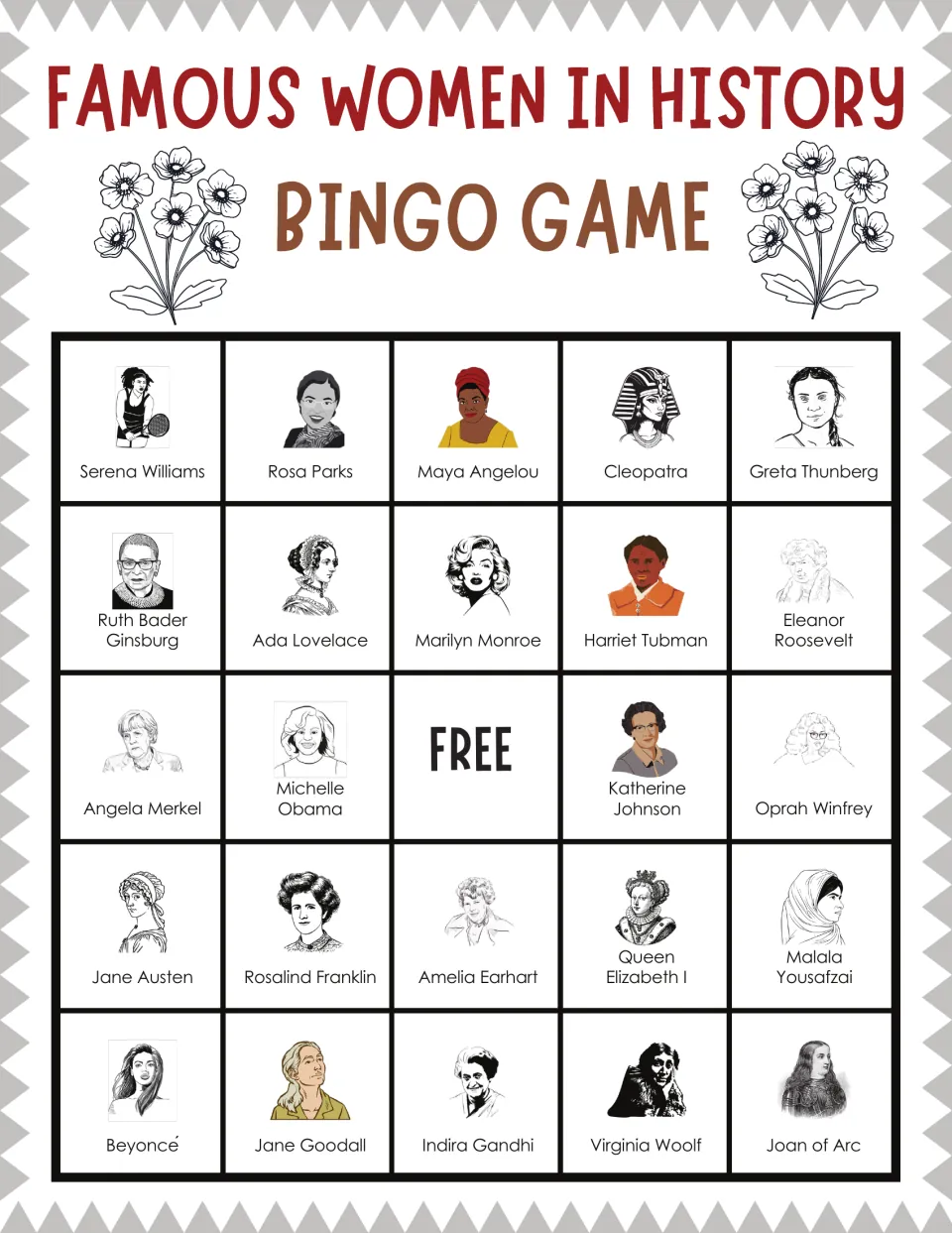 Bingo card topped by Serena Williams, Rosa Parks, Maya Angelou and Cleopatra; kids match called names to portraits