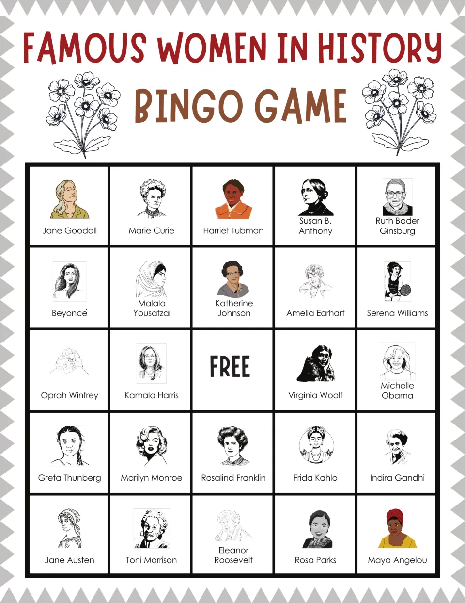 Bingo card led by Jane Goodall, Marie Curie and Harriet Tubman; students mark each woman called until five are in a row