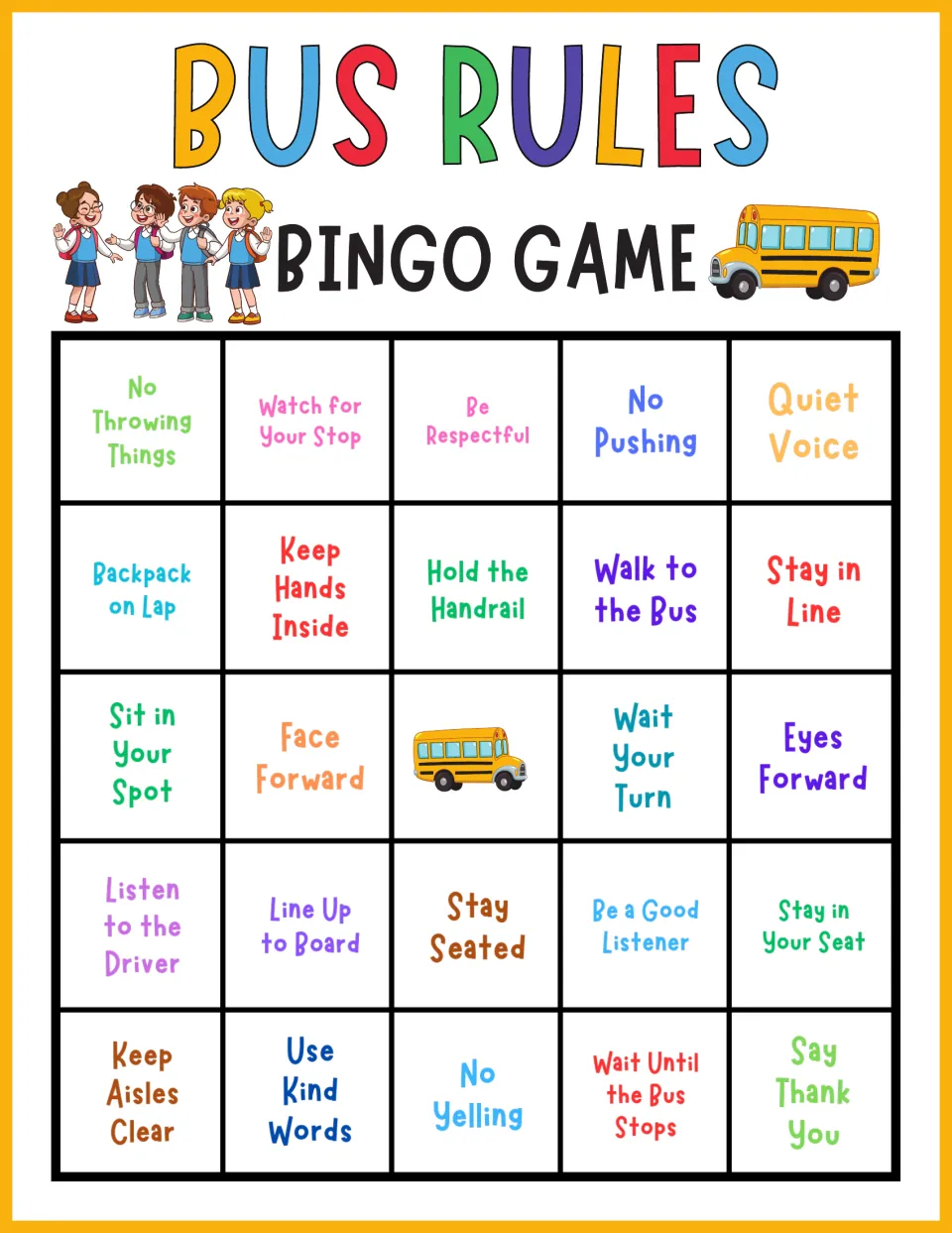 Bus rules bingo, card 1: students mark bus safety rules such as No Throwing Things, Hold the Handrail and Quiet Voice