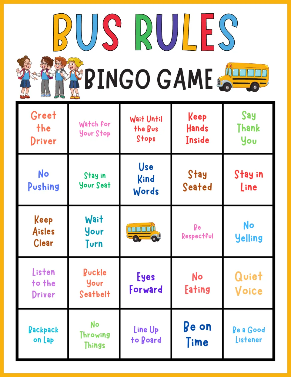 Bus rules bingo, card 2: students mark rules including Greet the Driver, Buckle Your Seatbelt and Be on Time