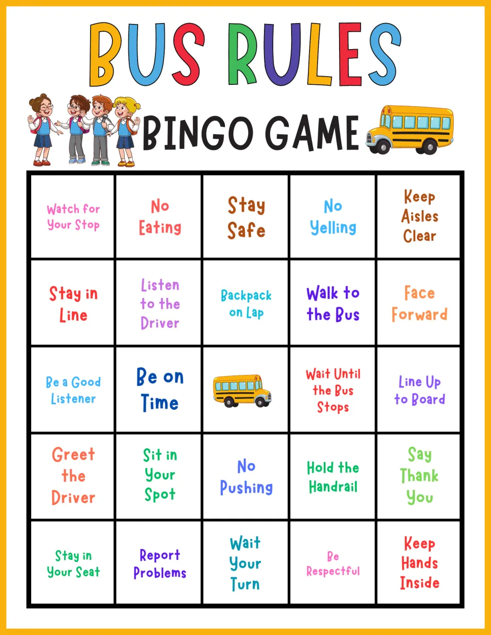 Bus rules bingo, card 8: students mark rules like Watch for Your Stop, Keep Aisles Clear and Report Problems