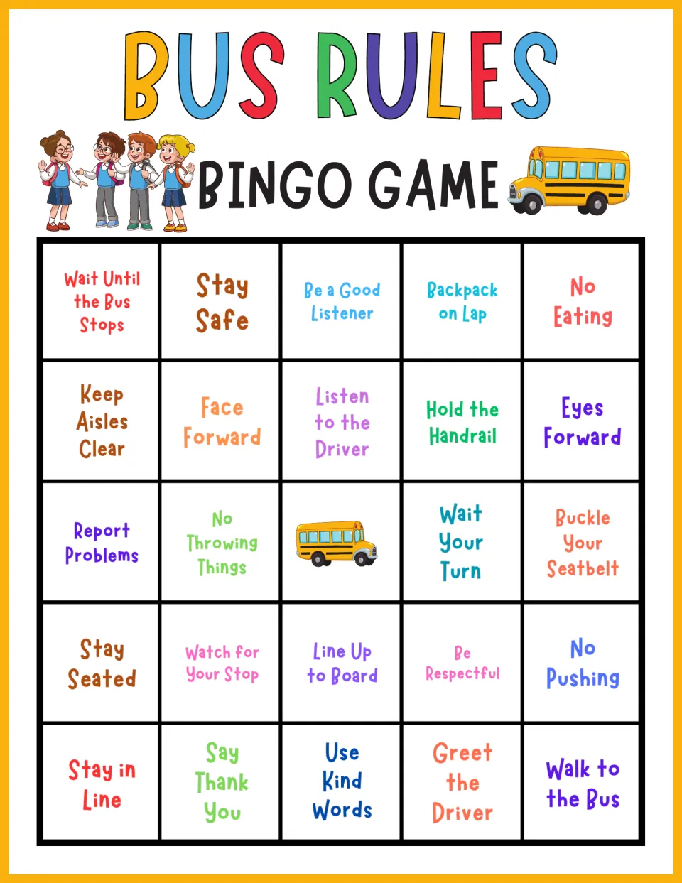 Bus rules bingo, card 10: students cover squares like Backpack on Lap, Eyes Forward and Walk to the Bus