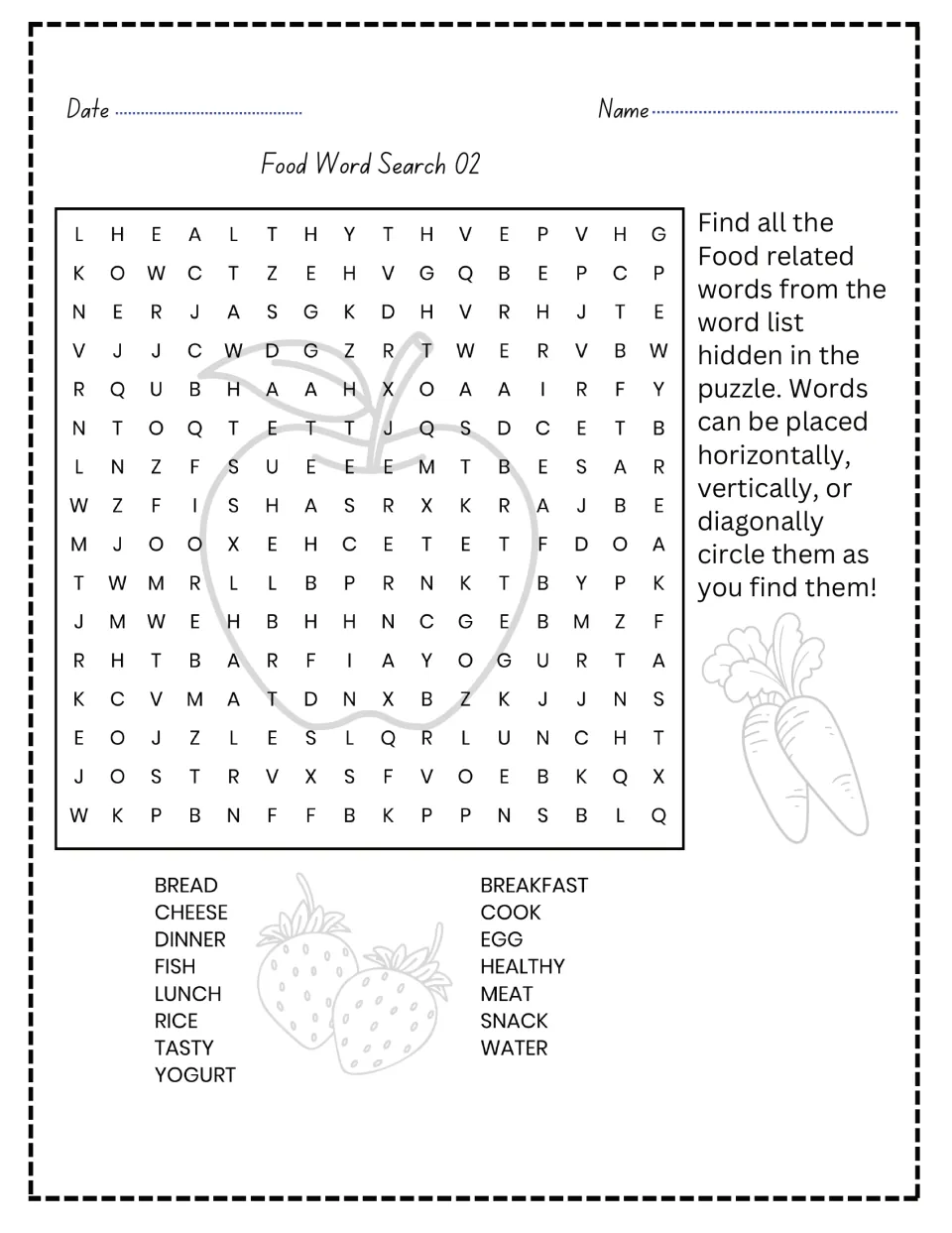 Food Word Search 02: students circle 16 hidden words about meals and foods, such as breakfast, cheese, rice and yogurt