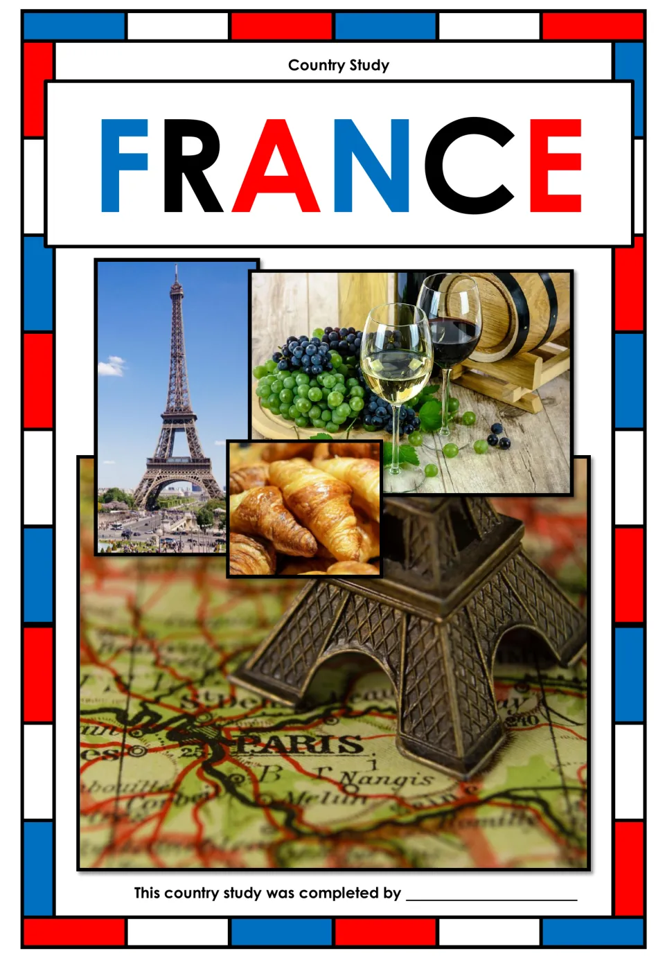 France country study cover with Eiffel Tower, croissant, grape and wine photos, and a line for the student's name