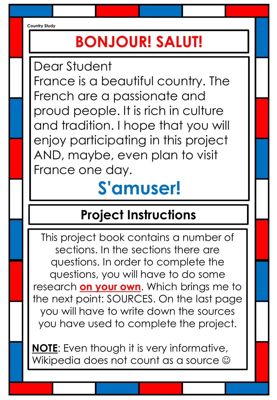 Bonjour! Salut! letter to students and project instructions: research each section and list sources on the last page