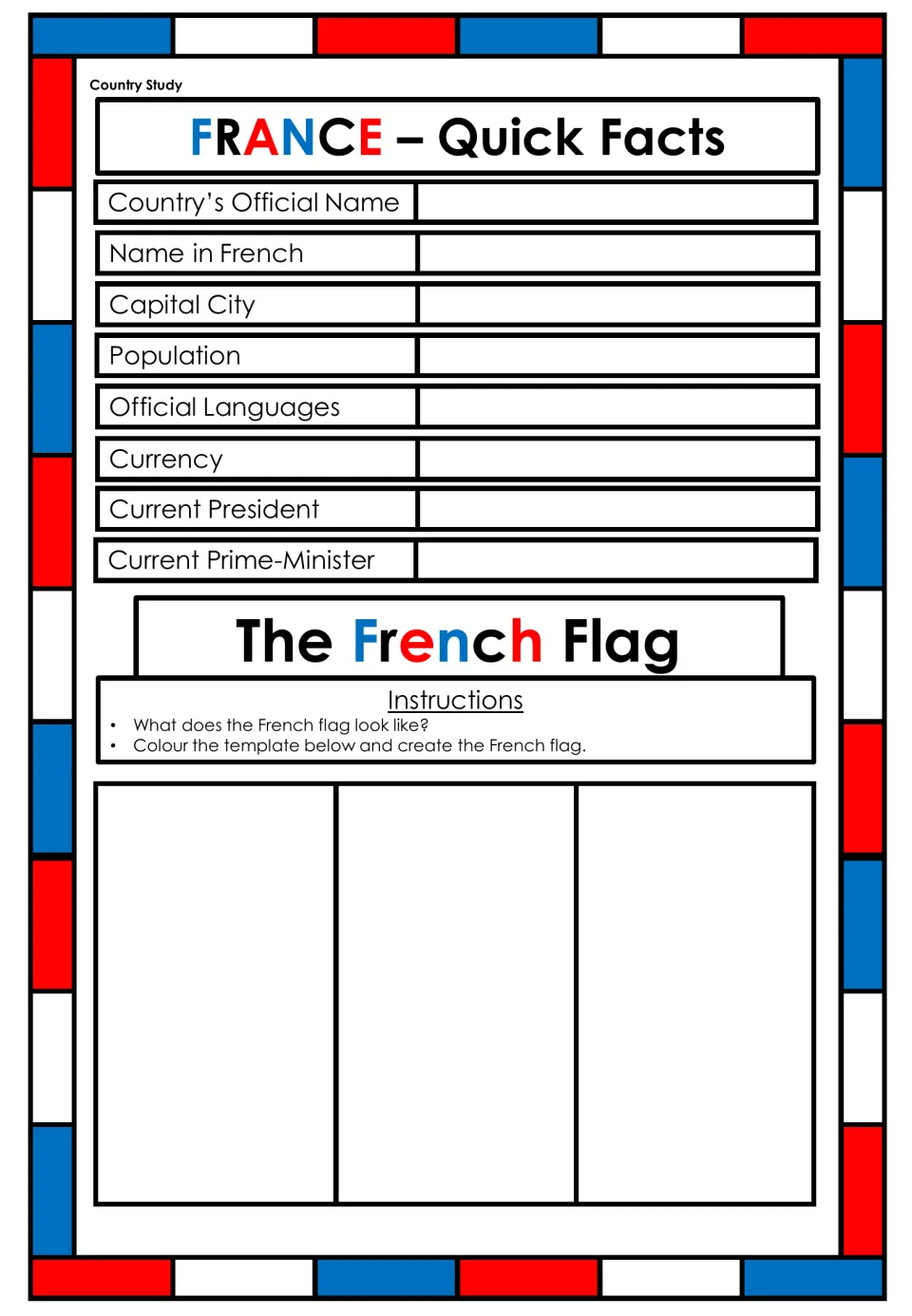 France quick facts: students research name, capital, population, languages, currency and leaders, then color the flag