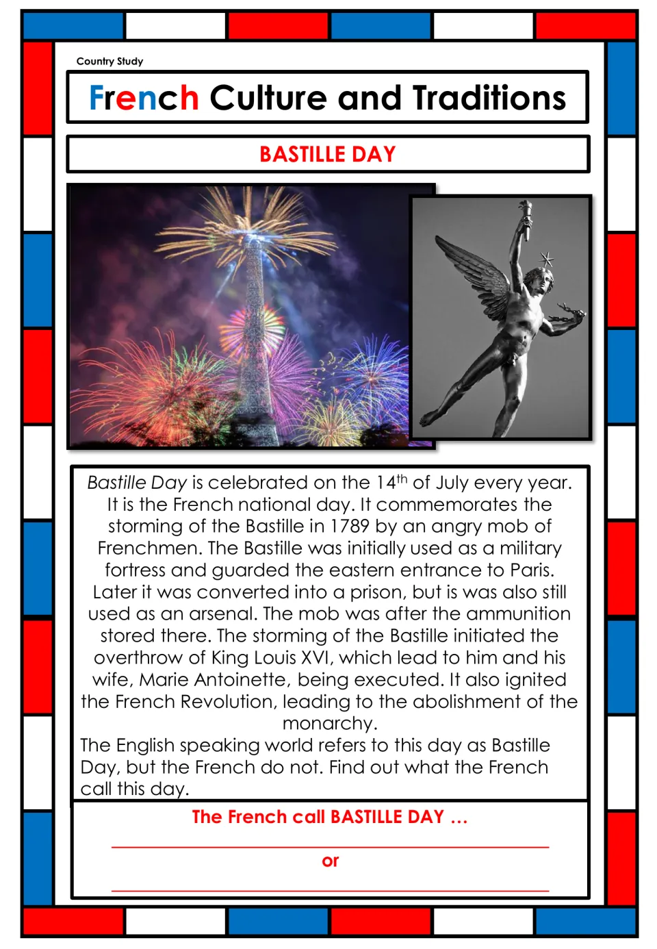Bastille Day reading on the 1789 storming of the Bastille; students find and write two names the French use for the day