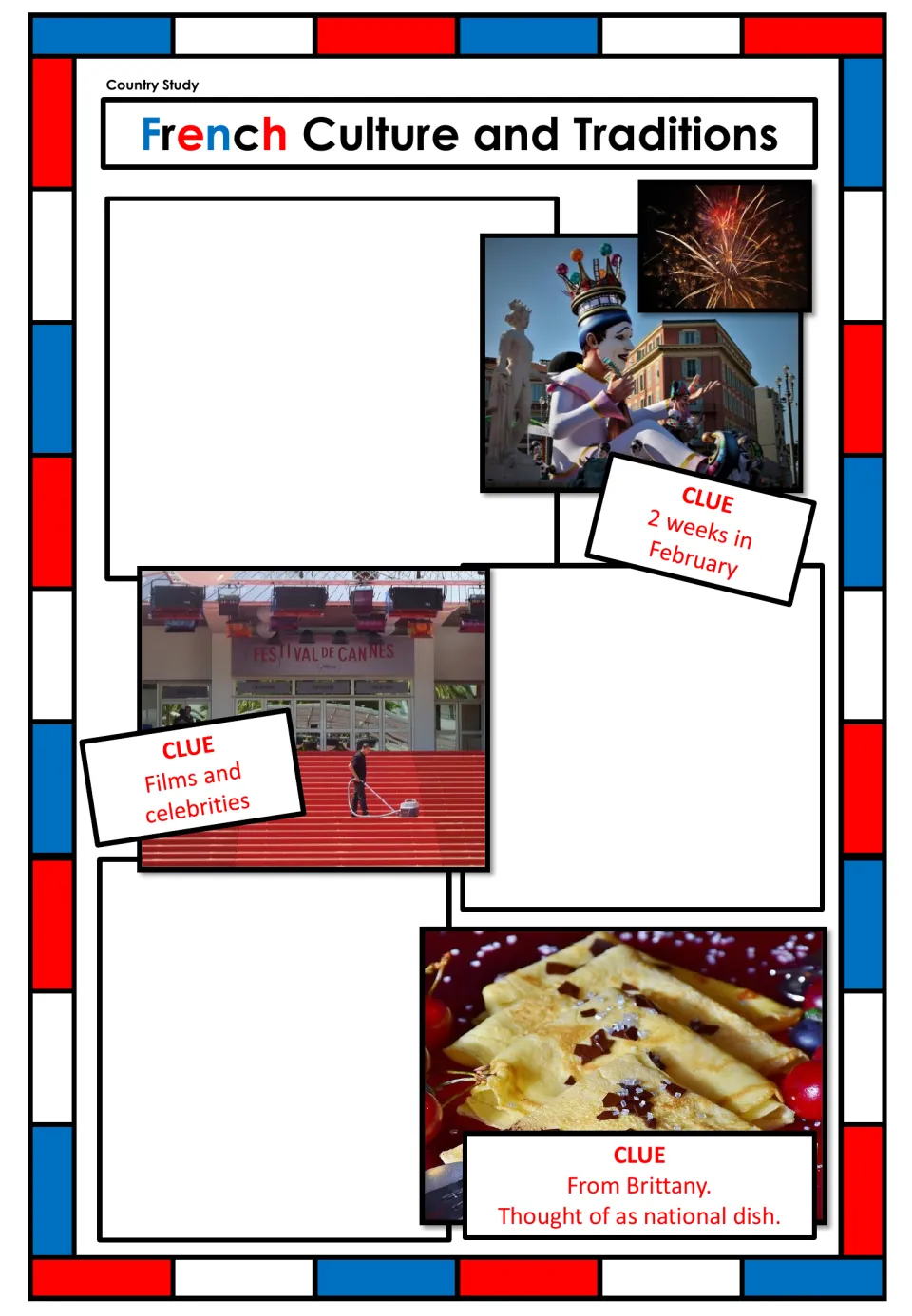 French culture and traditions: students identify February carnival, Cannes film festival and a Breton dish from photo clues