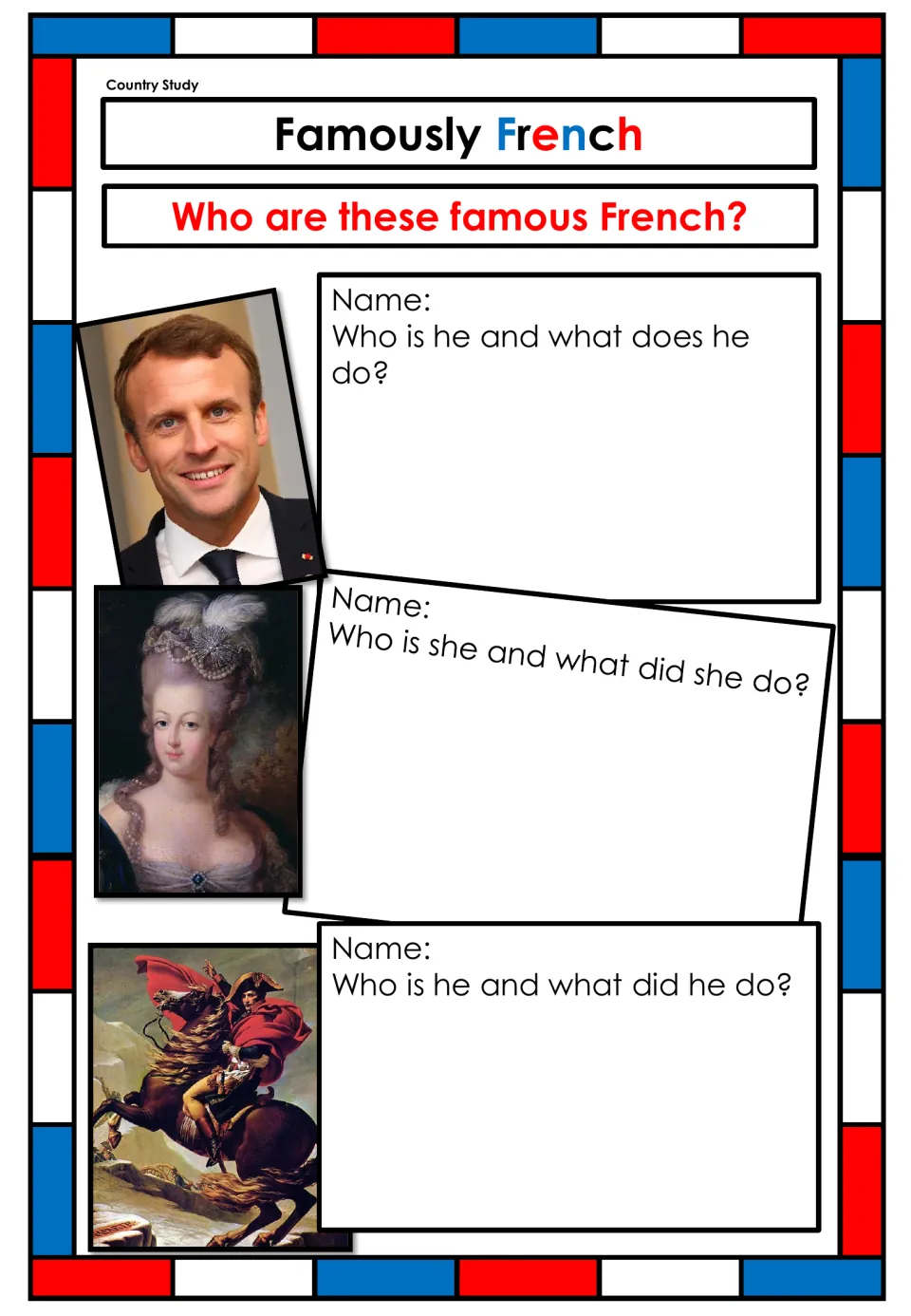 Famously French: students identify a modern leader, a painted noblewoman and a rider on horseback, and say who each one is
