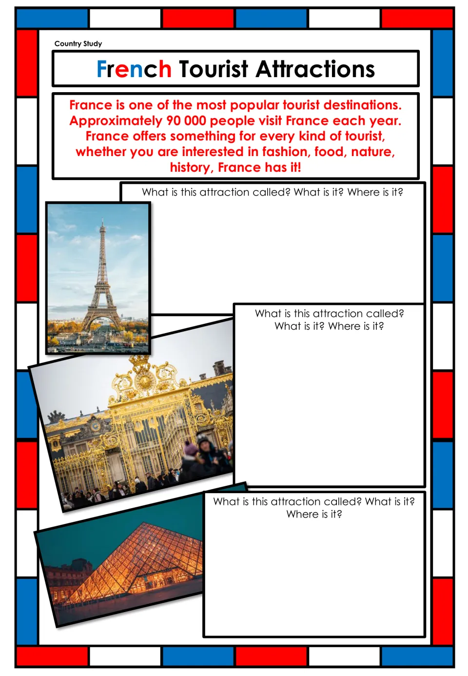French tourist attractions: students identify a tower, a gilded palace gate and a glass pyramid and say where each is