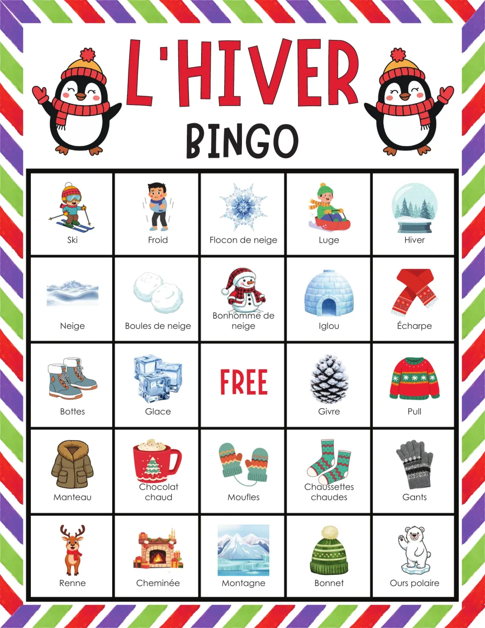 Winter bingo in French opening ski, froid, flocon de neige, luge and hiver; students listen and cover matching pictures