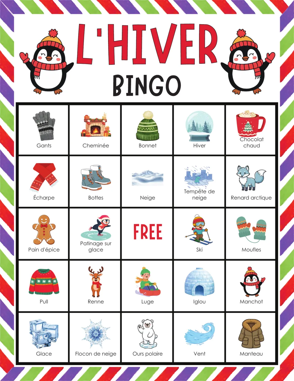 French winter bingo card starting gants, cheminée, bonnet, hiver and chocolat chaud; students mark words as called