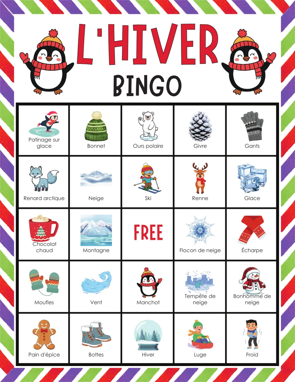 Bingo card of French words led by patinage sur glace, bonnet, ours polaire, givre and gants; students cover words heard