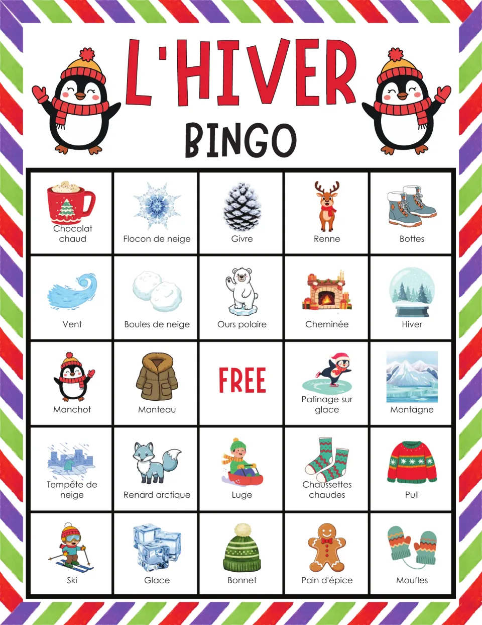 L'hiver bingo board topped by chocolat chaud, flocon de neige, givre, renne and bottes; players cover pictured French words